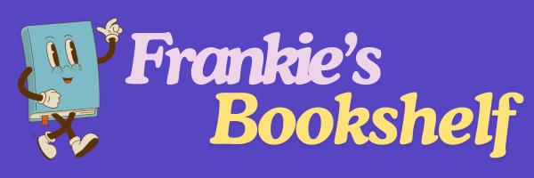  Text says Frankie's Bookshelf with a cartoon boko walking and smiling, created by by Frankie Boyko